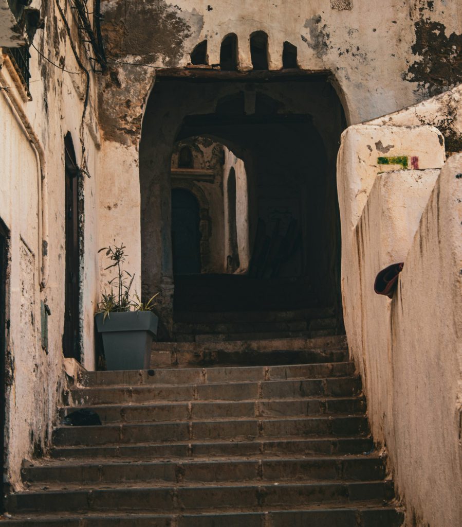 Worn stone stairs leading into an arched passage between weathered plaster walls